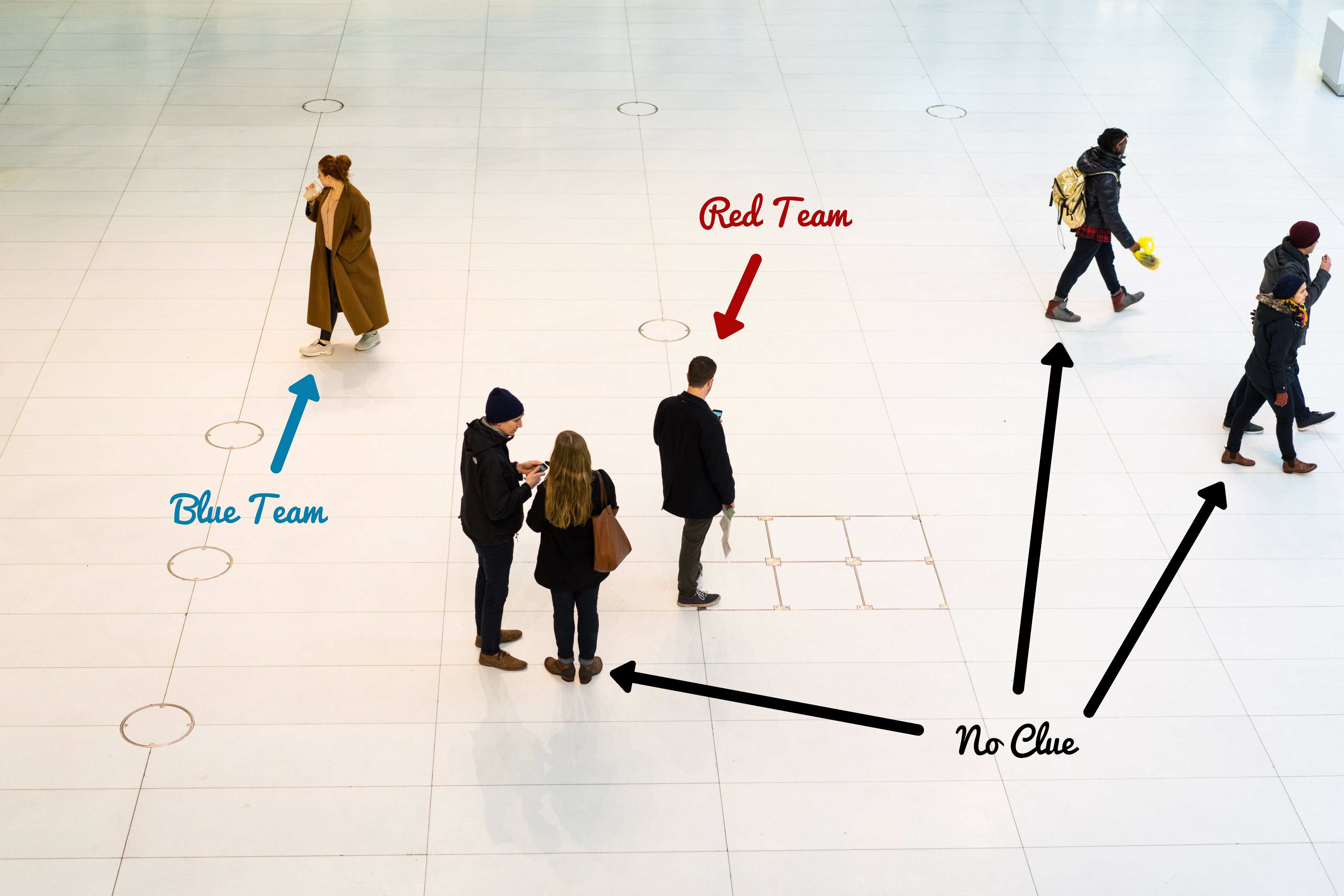 Overhead view of a game in progress at the Oculus — players from Blue Team and Red Team moving through the crowd, bystanders completely unaware